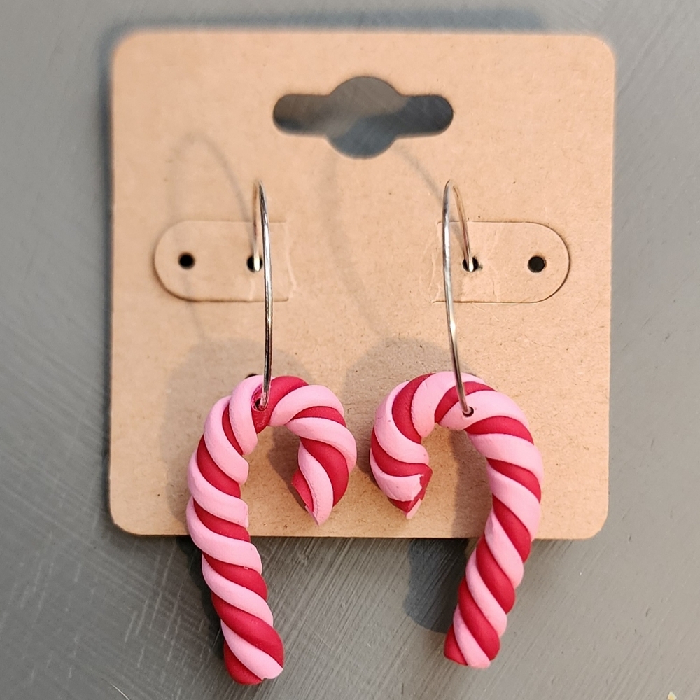 Pink Peppermint Candy Cane Hoop Earrings
